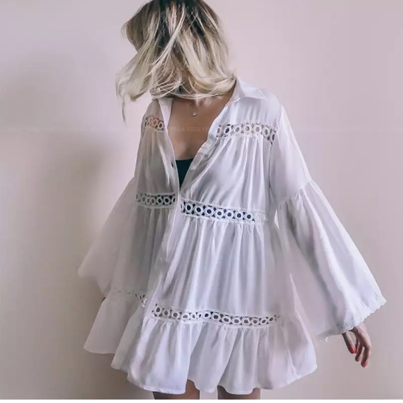 New Bohemian Button Up Tunic Top Dress Beach Dress - Picture 10 of 12